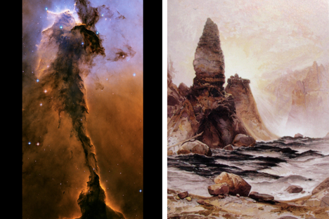 "Stellar Spire in the Eagle Nebula" (left); "Tower at Tower Falls," painted by Thomas Moran in the 1870s (right). 