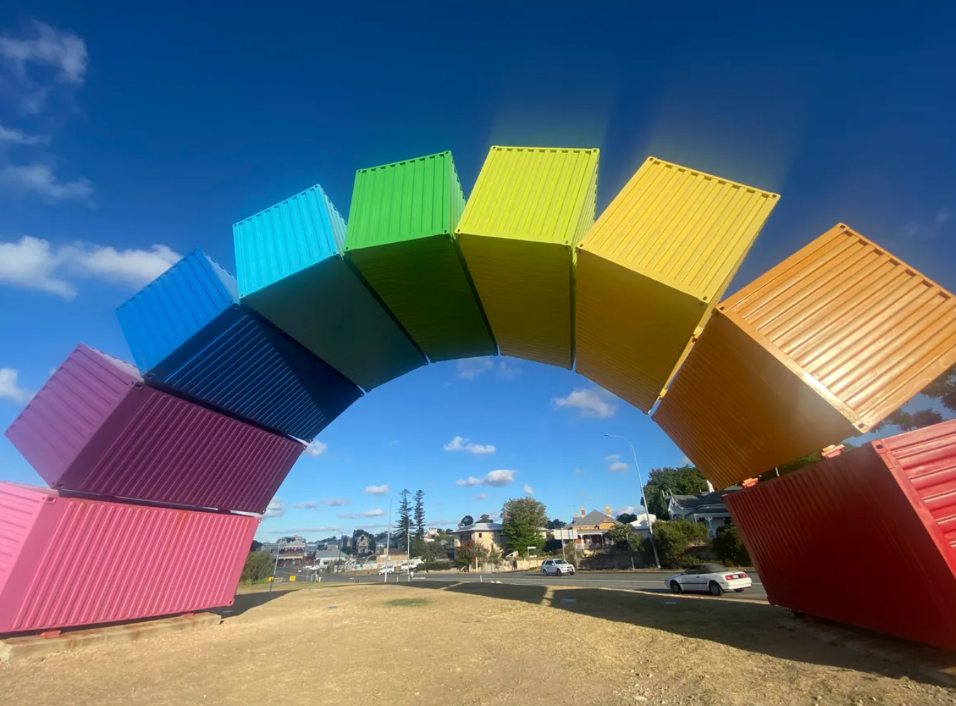 The arch overlooks the Swan River as well as the container port from which it draws inspiration.