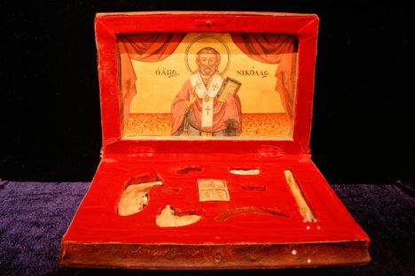 Relics of St. Nicholas in a small box displayed at Antalya Regional Museum, Konyaaltı, Turkey.