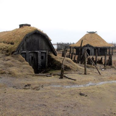 Homes inside the Viking village set.