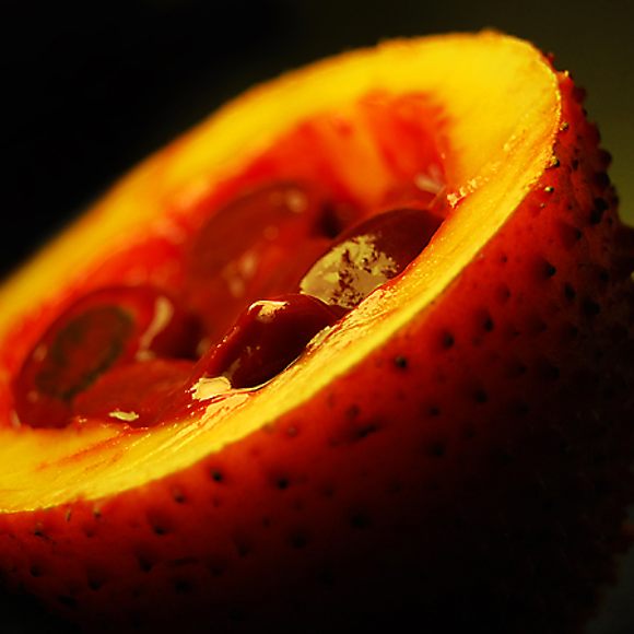 A bisected gac fruit.