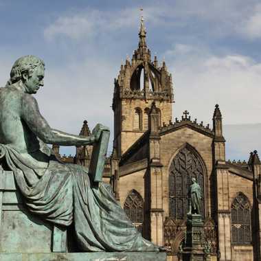 David Hume's statue in front of St. Giles Cathedral on the Royal Mile.