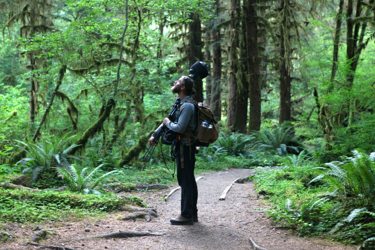 The author with his recording equipment in the Hoh Rainforest of Olympic National Park.