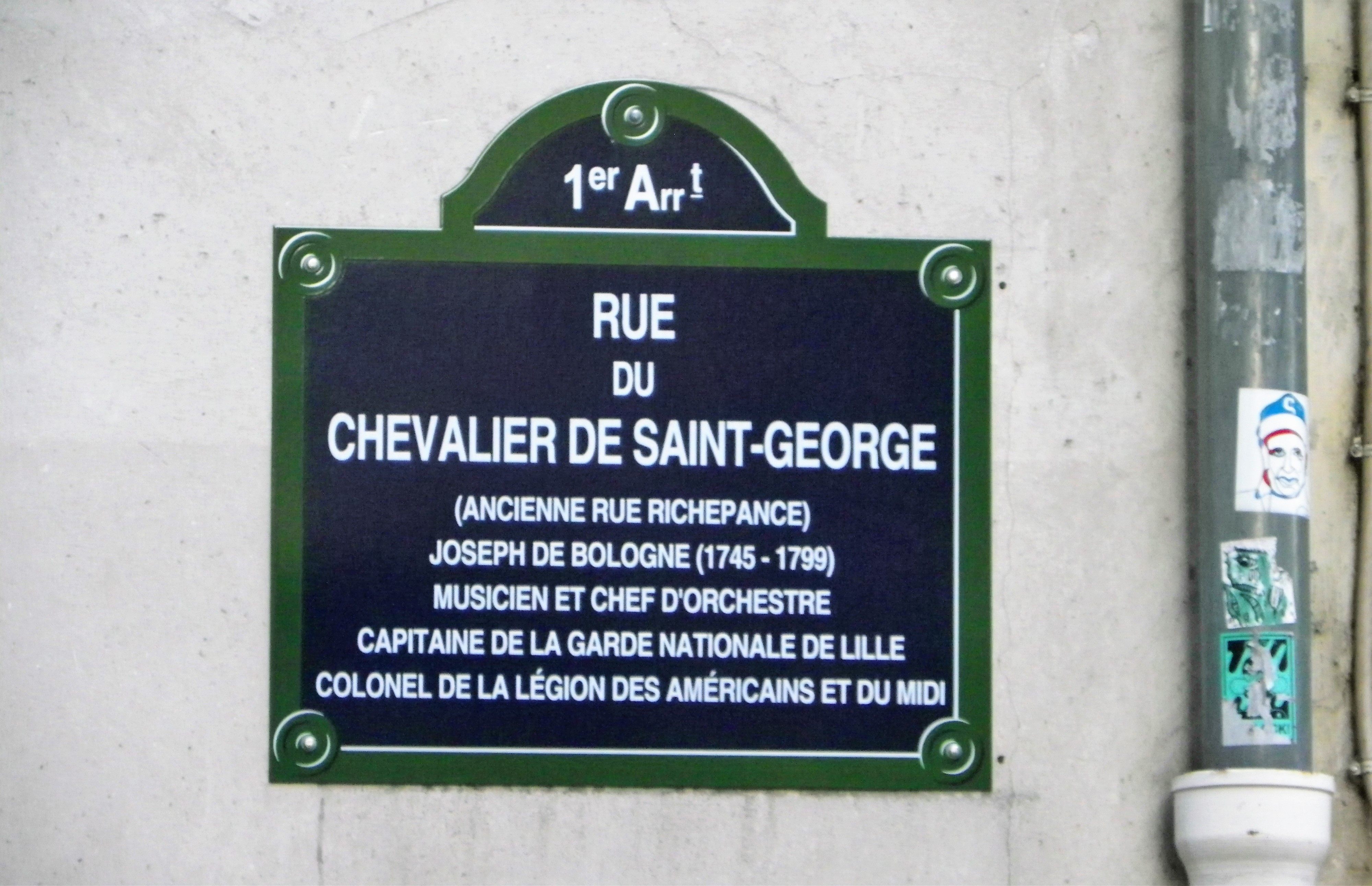 Plaque for rue du Chevalier de Saint-George in Paris, named for Joseph Bologne.