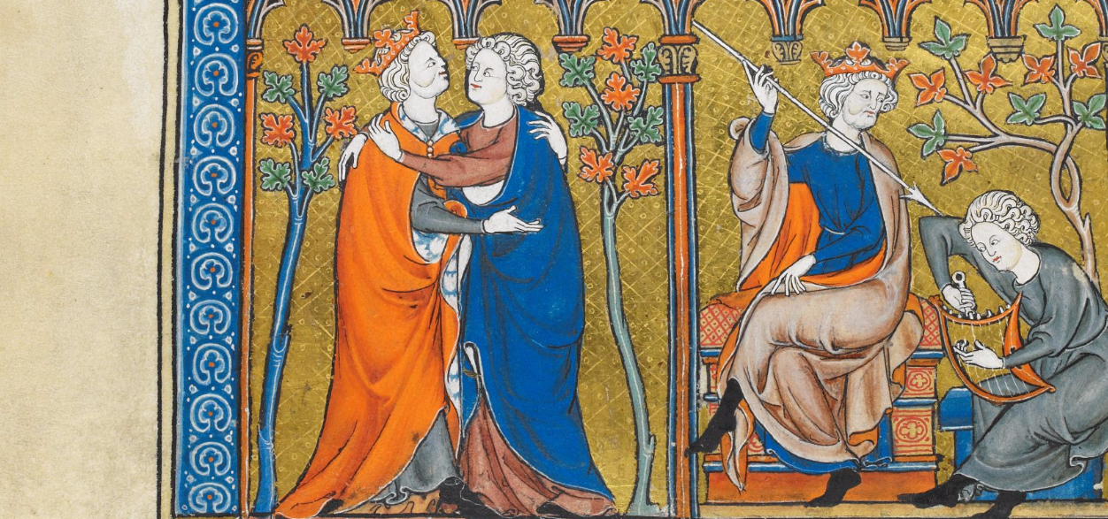 A detail from the Medieval manuscript <em>La Somme le roy</em>, from around 1300, shows David and Jonathan embracing.