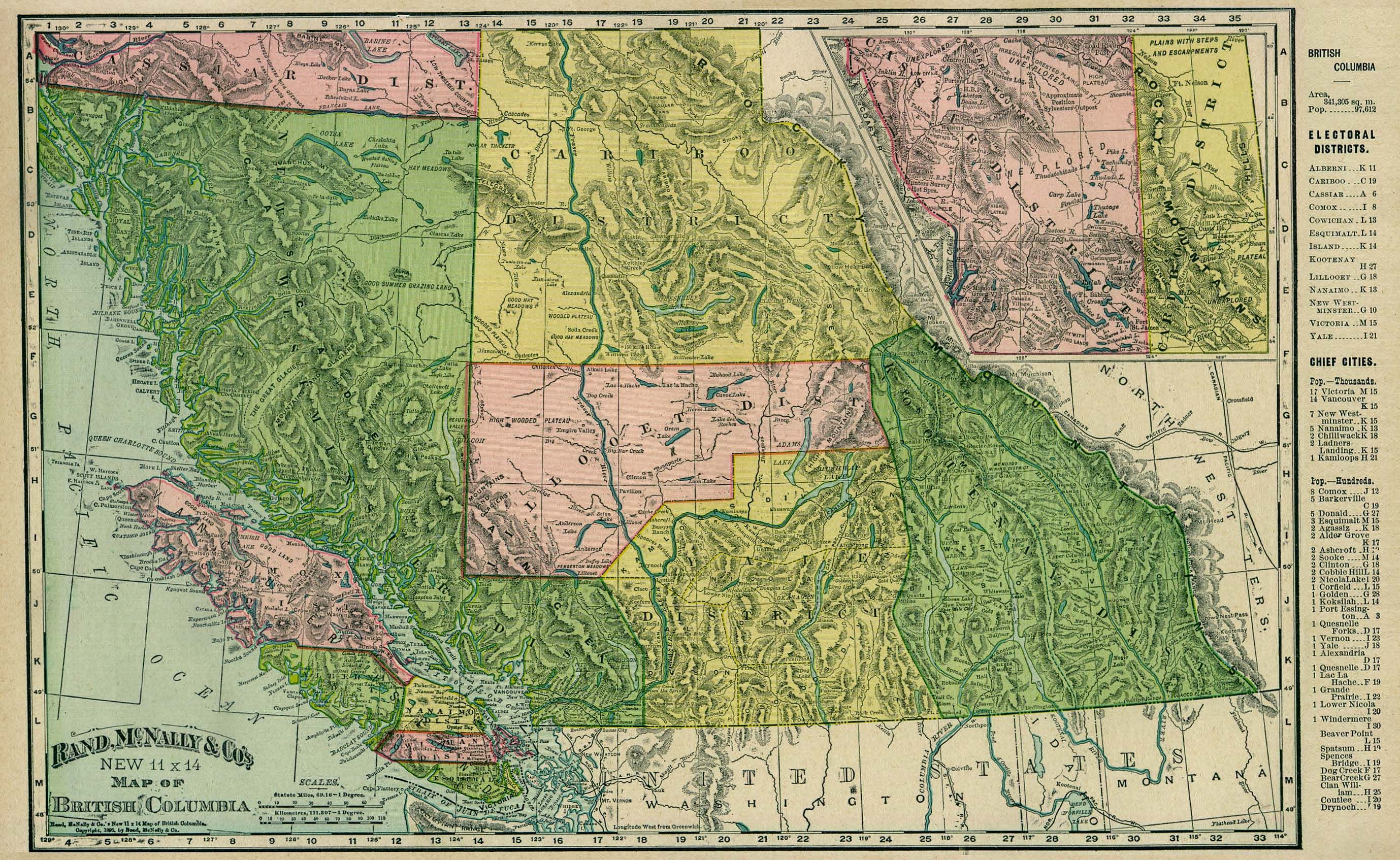 A late 19th-century map of British Columbia. Chilcotin territory is in the upper region marked in yellow.