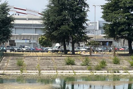 Seaplane ramp in the bay at Isola della Rose, with Linate Airport beyond, 26 June 2025