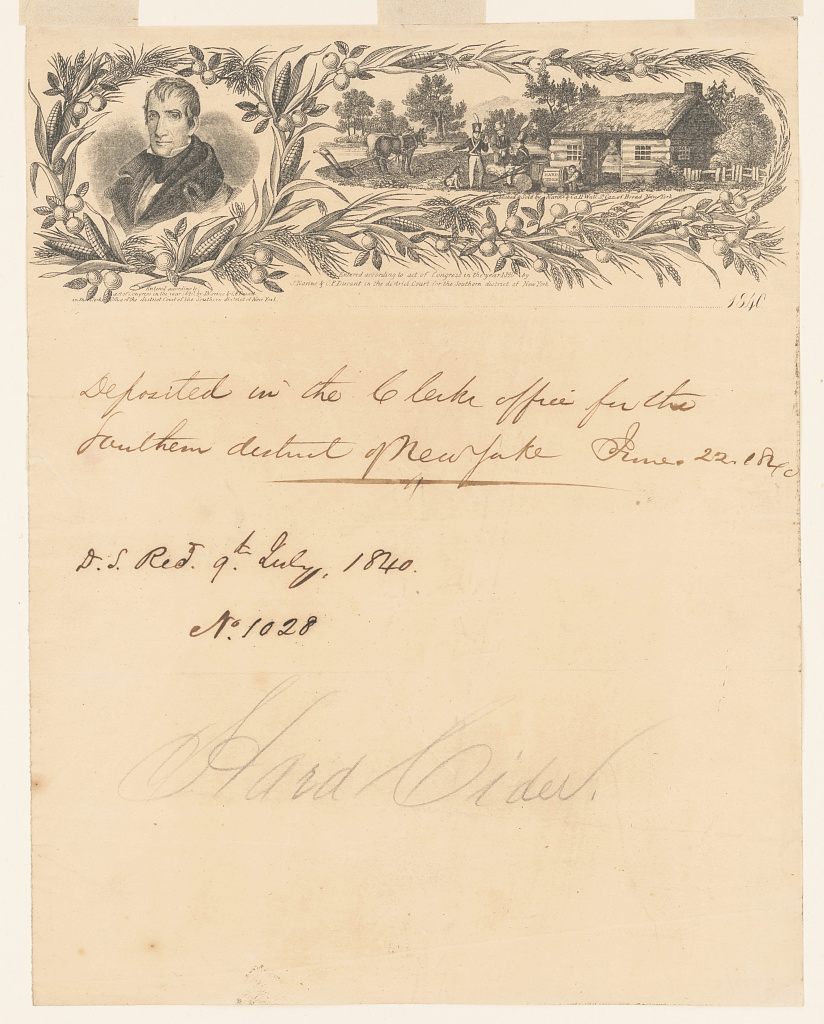 A campaign letter sheet, showing a vignette of Harrison framed corn, stalks of wheat, and fruit, next to a log cabin and barrel of cider. 