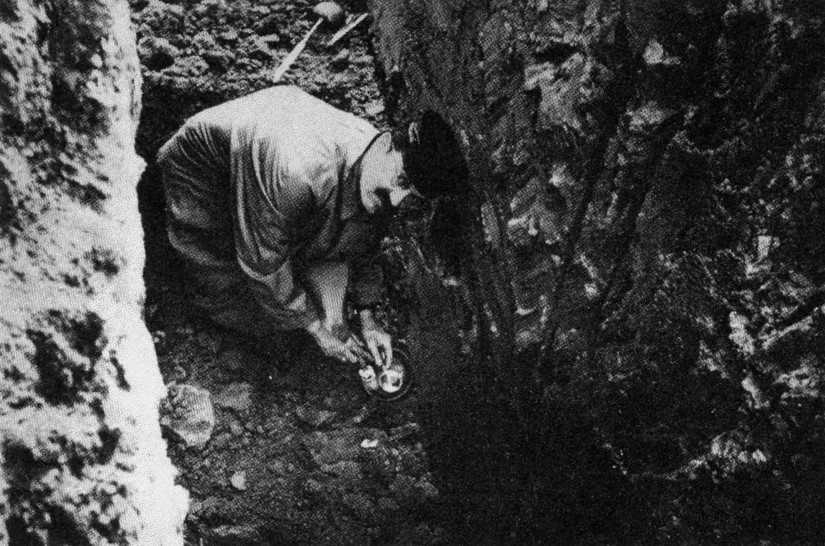 Hans Traxler poses as Georg Ossegg in the ruins of the witch's house.