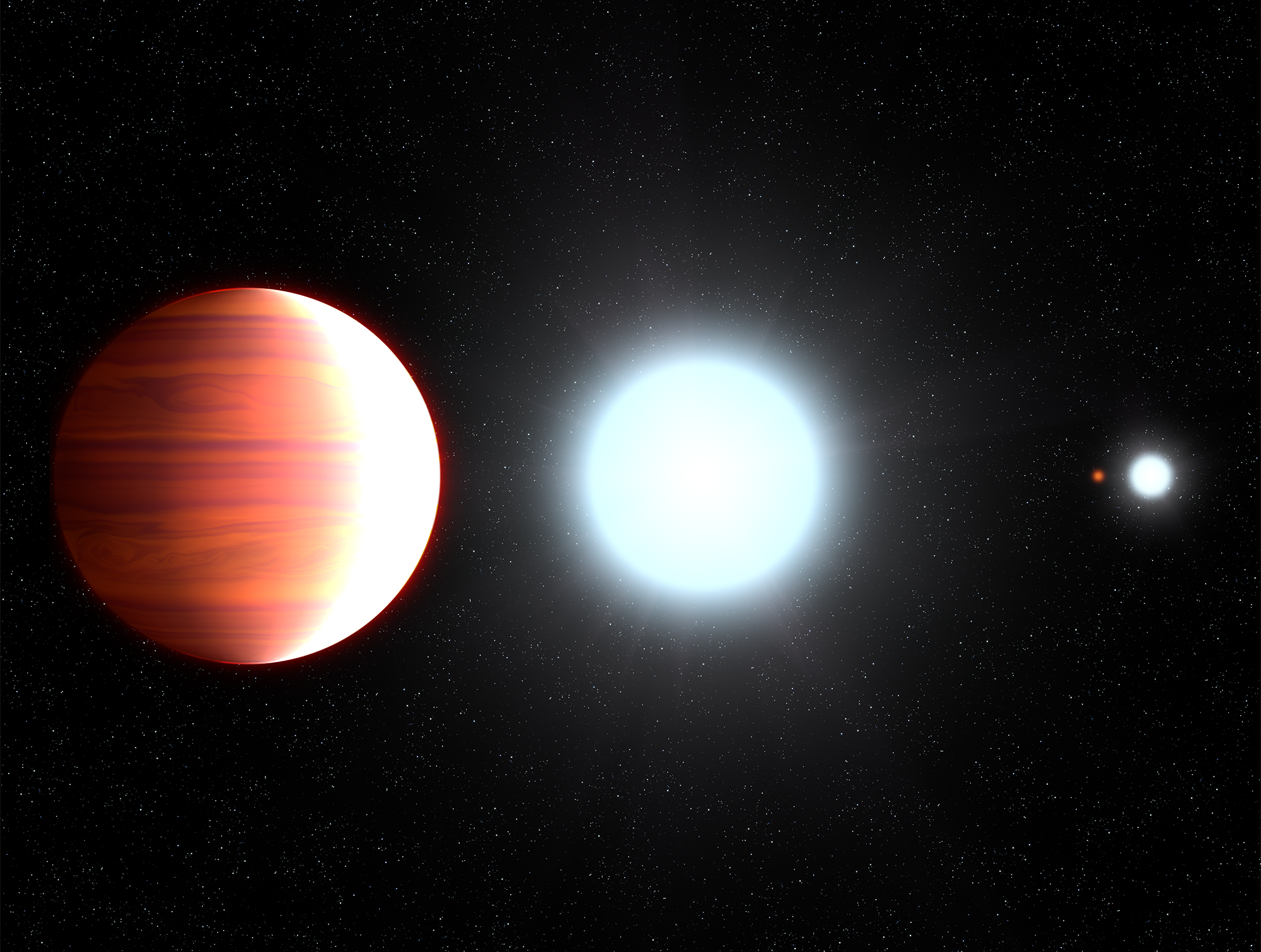 An artist's conception of Kepler-13Ab orbiting its star. (That other blue dot is the other half of the star's binary pair.)