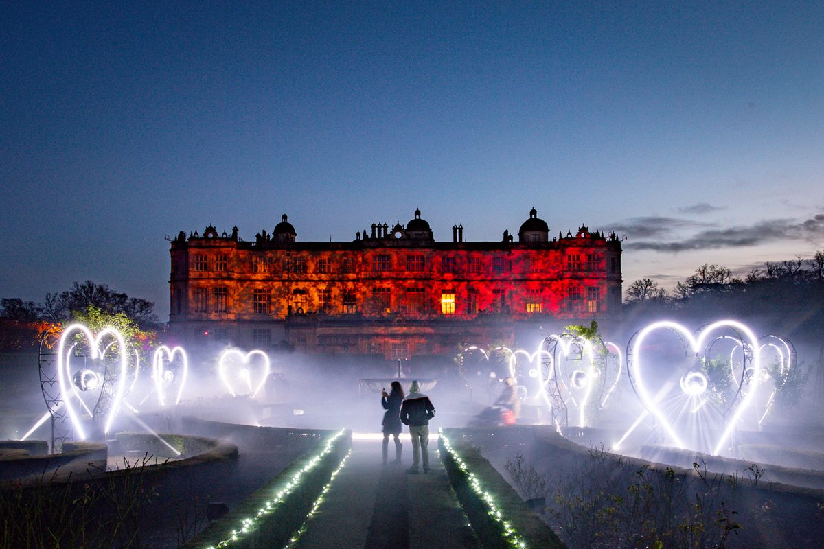 The gardens at Longleat House in Warminster, England, host the "Land of Light" winter attraction.