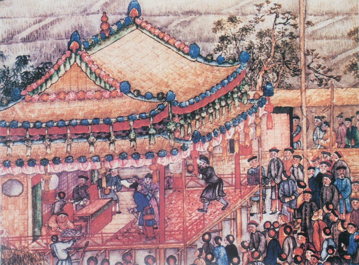 An 18th-century painting of a Chinese traveling opera performance.