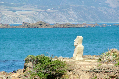 The moai statue faces Lyall Bay.