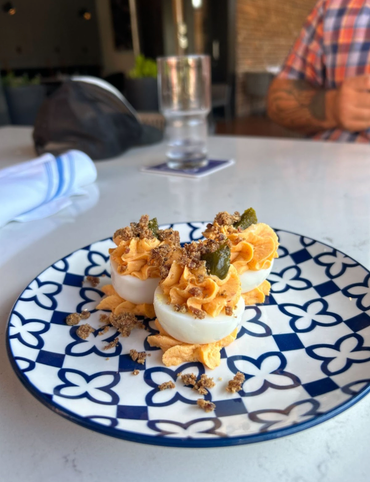 Chattanooga eatery Frazier Five & Dime offers an original spin on deviled eggs, complete with gherkins.