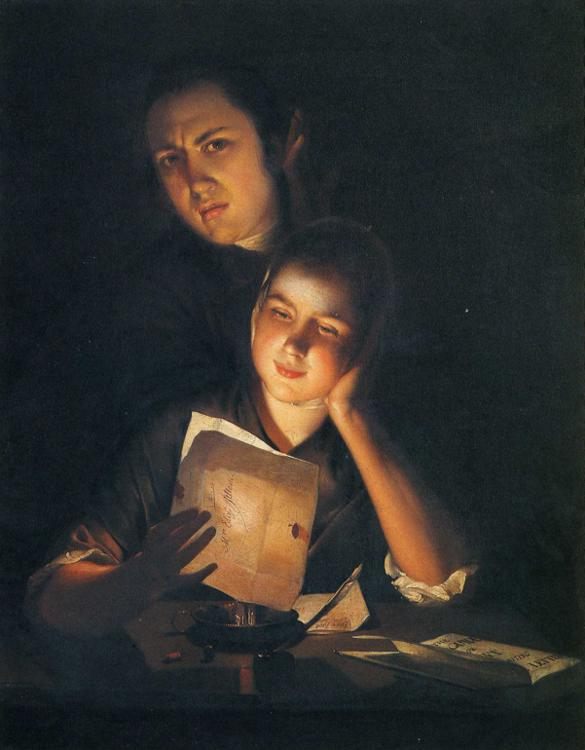 Girl Reading a Letter by Candlelight, With a Young Man Peering over Her Shoulder