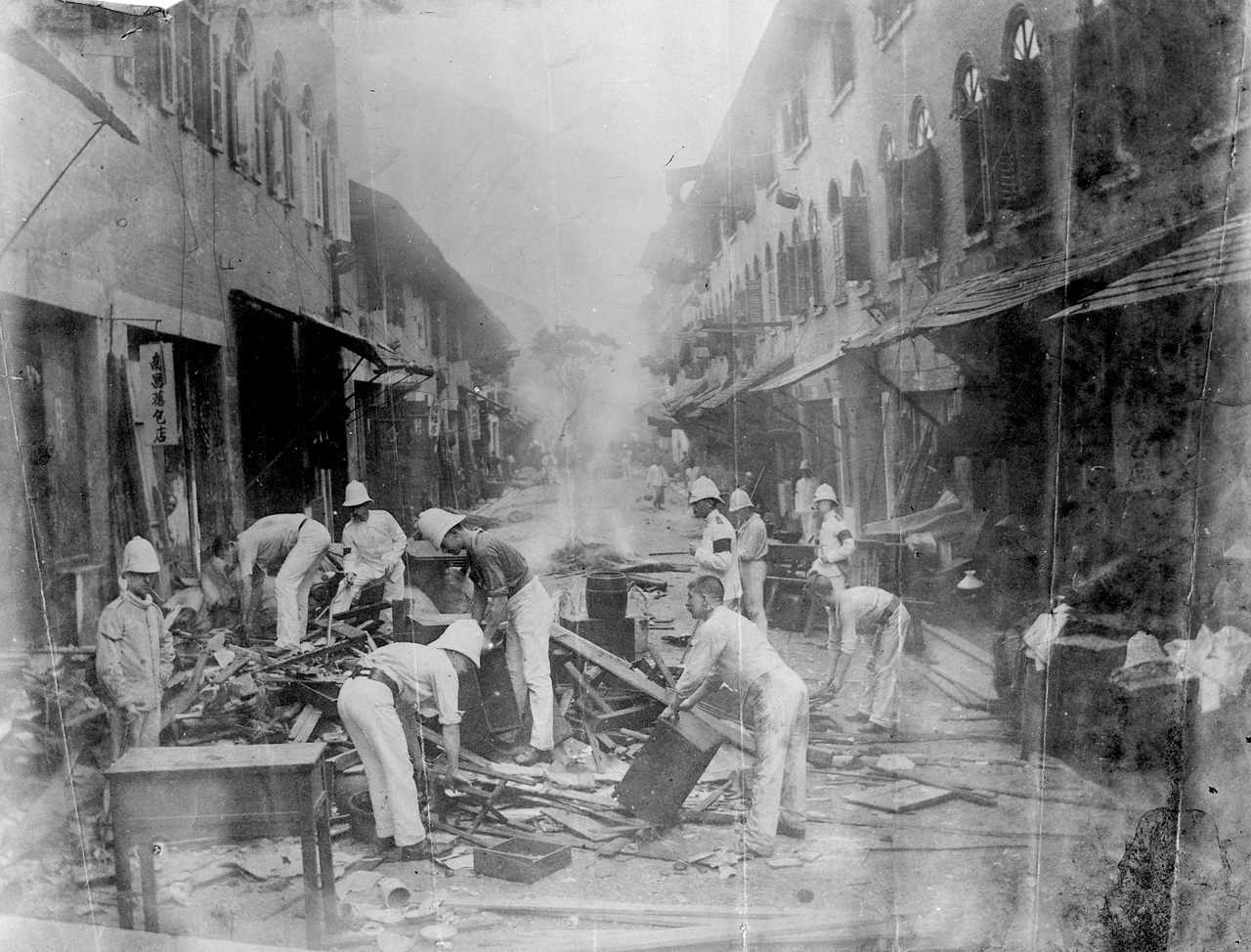 The Shropshire Regiment amid the destruction of homes in Hong Kong, 1894.