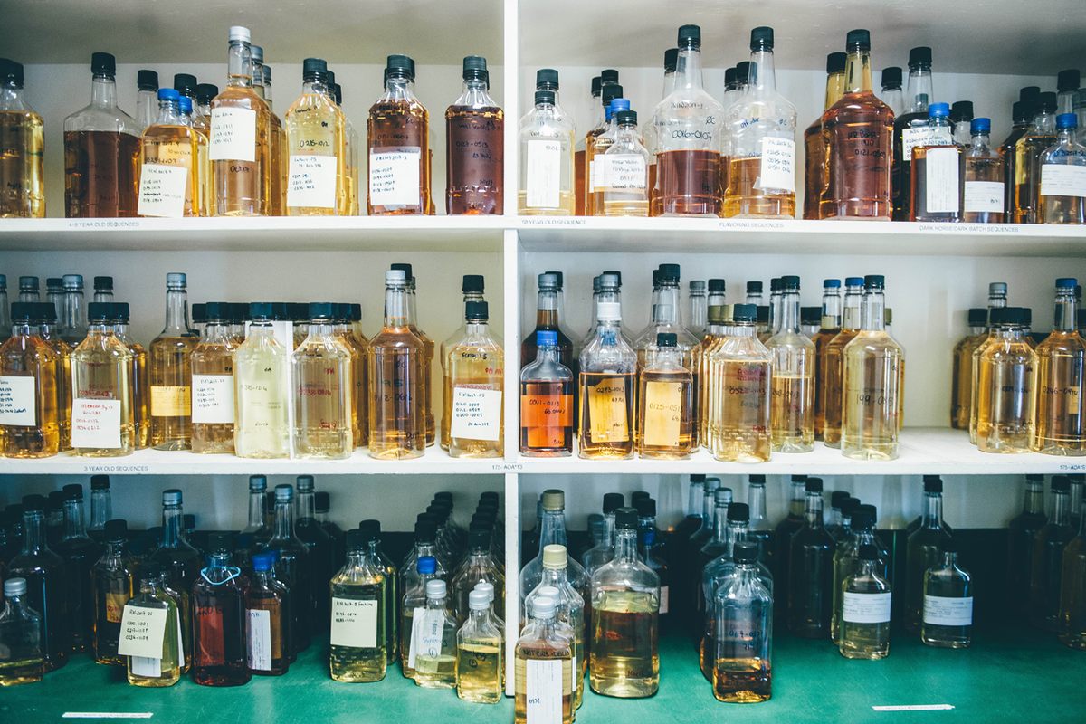 Samples in a blending room at Alberta Distillers.