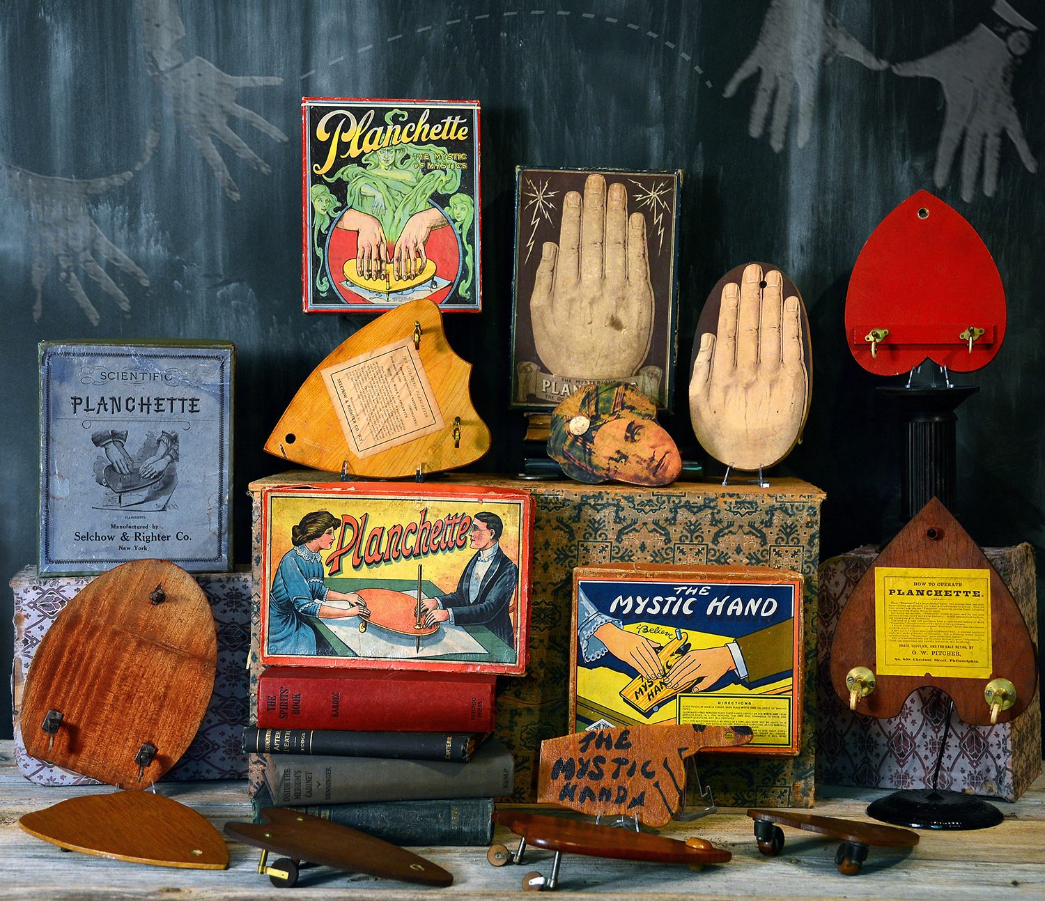 A collection of <em>planchettes</em>, wooden boards used in seances.
