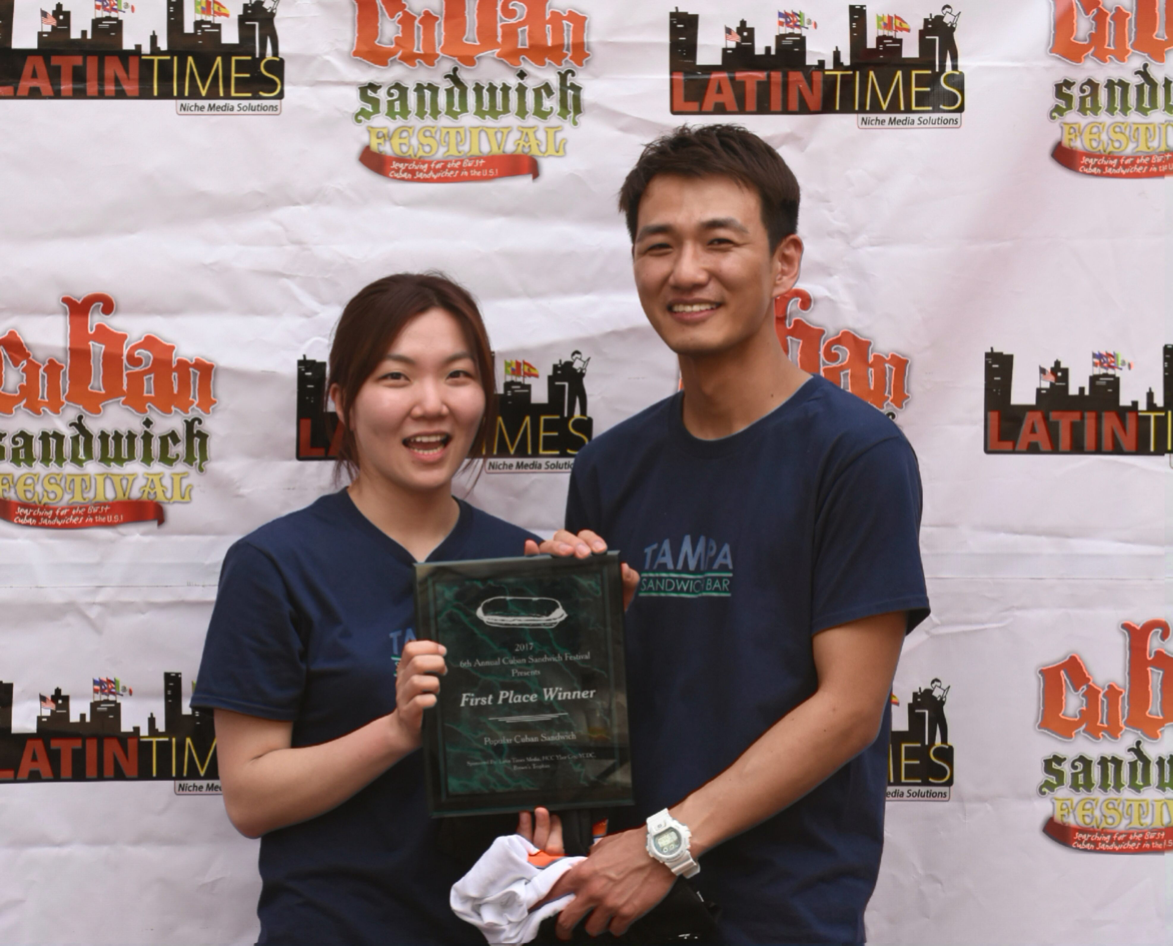 Geunmin Kang, left, and Hyunmin Cho, right, pictured with their first place win at the International Cuban Sandwich Festival.