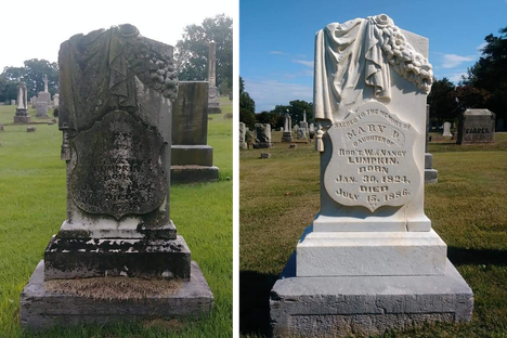 The before-and-after photos show the dramatic transformation of Mary D. Lumpkin's grave after Williams cleaned it.