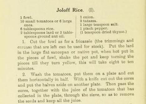 The earliest-known recipe for jolloff rice (here spelled 'joloff'), a classic West African dish.