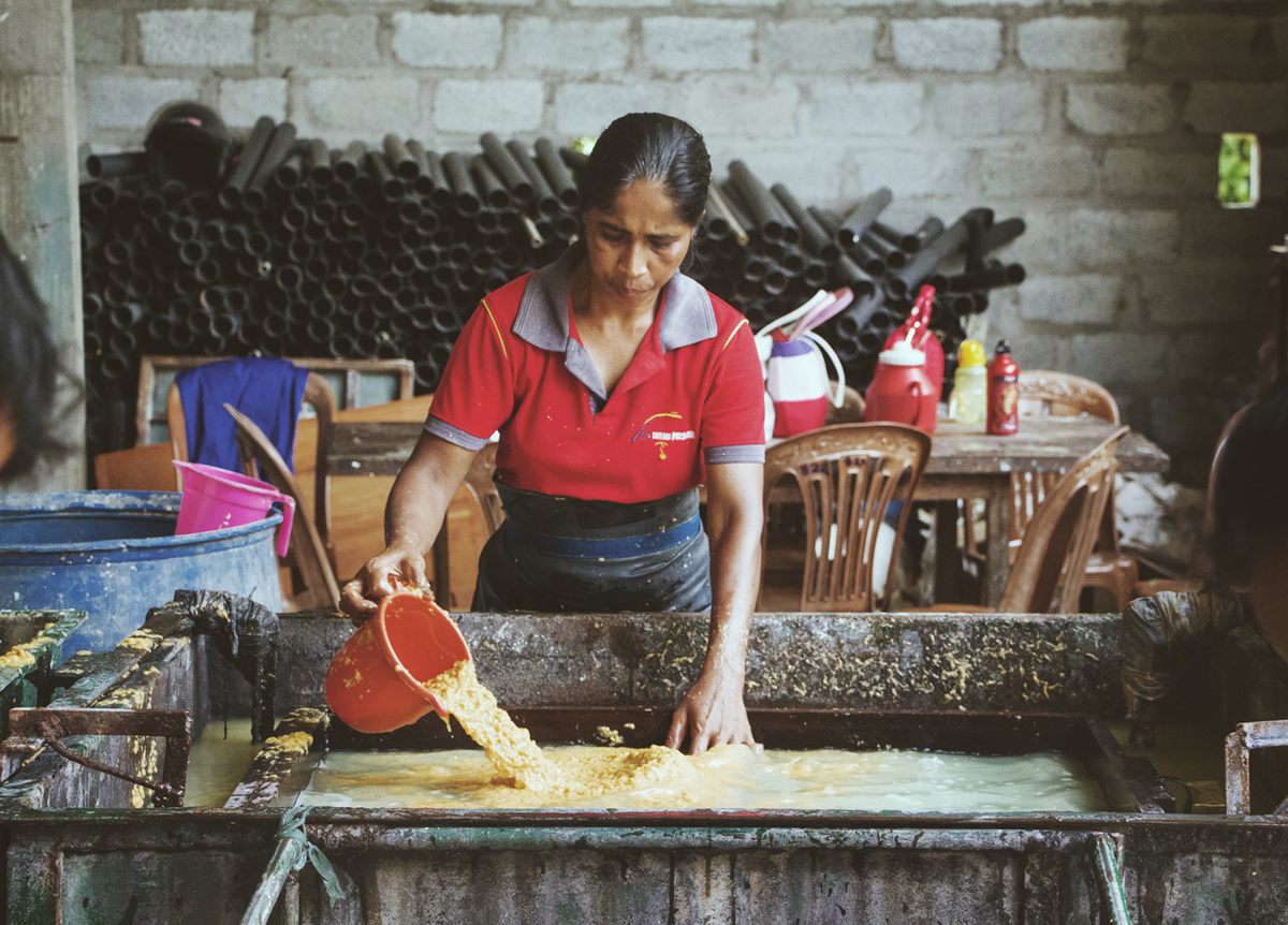 A woman pours pulp onto a thin metal mesh.