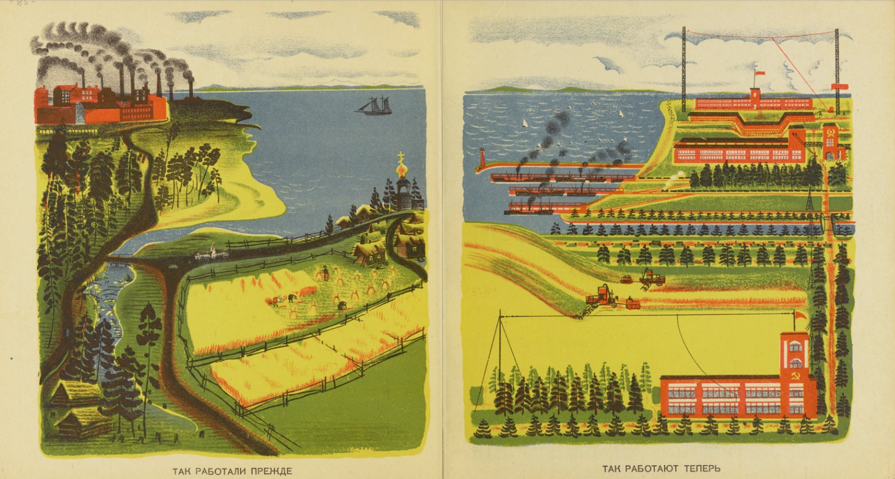 Opening pages of <em>What Are We Building?: A Workbook With Pictures</em>, a book about Russia's industry, agriculture, and natural resources, 1930. 