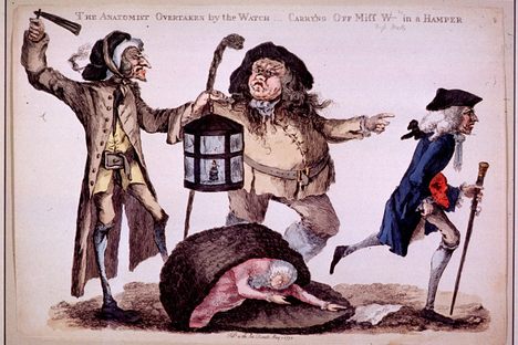 "The Anatomist overtaken by the Watch carry'ng off Miss W in a hamper." William Austin, 1773.
