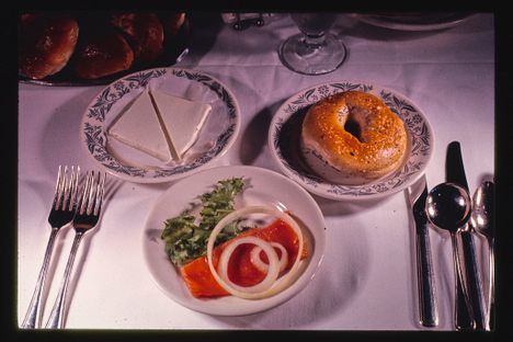 A bagel served with lox and cream cheese at Kutsher's restaurant in New York, 1977.