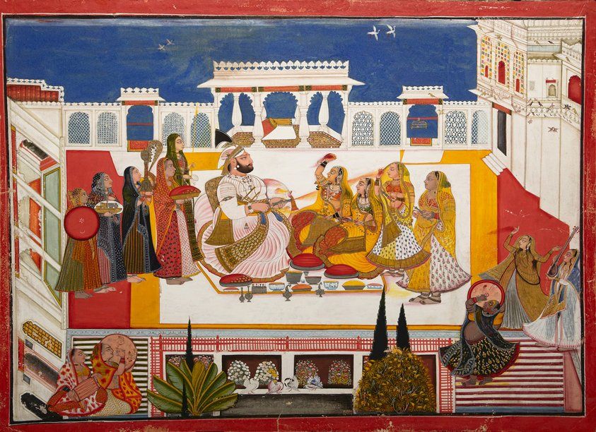 <em>Portrait of Rawat Gokal Das Celebrating 'holi' with his consorts</em>, by Rajput painter Bagta, dated 1808.
