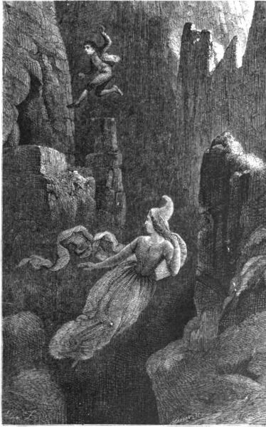 An engraving from 1864 showing the Icelandic legend of Hildur, the Queen of the Elves, showing a man jumping after Hilder into a precipice.