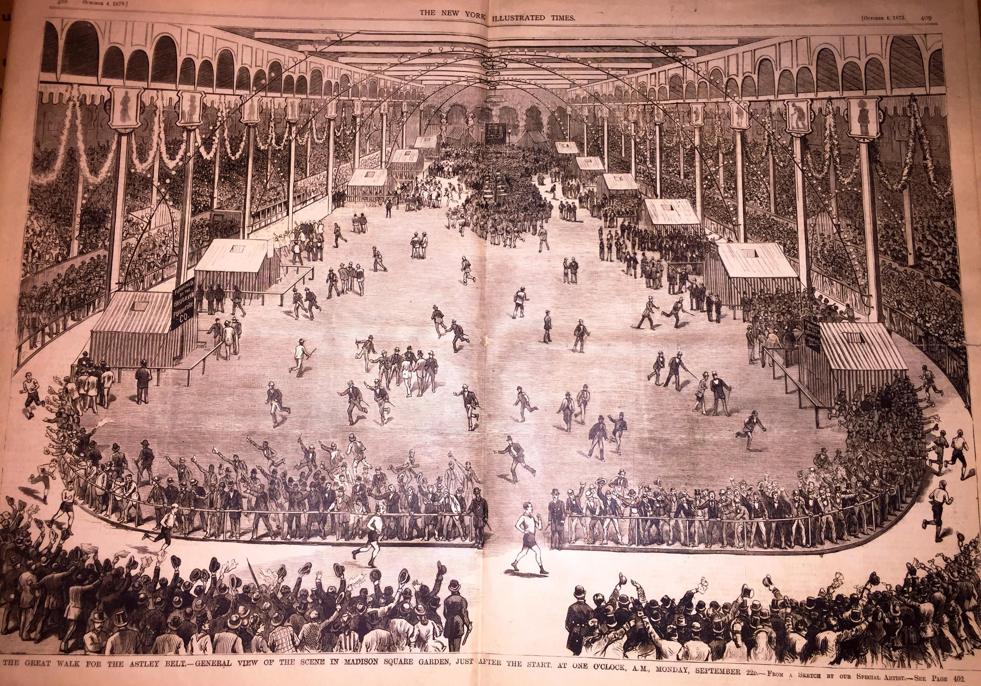 <em>New York Illustrated Times</em> centerfold showing the 5th International Astley Belt at Madison Square Garden. Oct. 4, 1879.