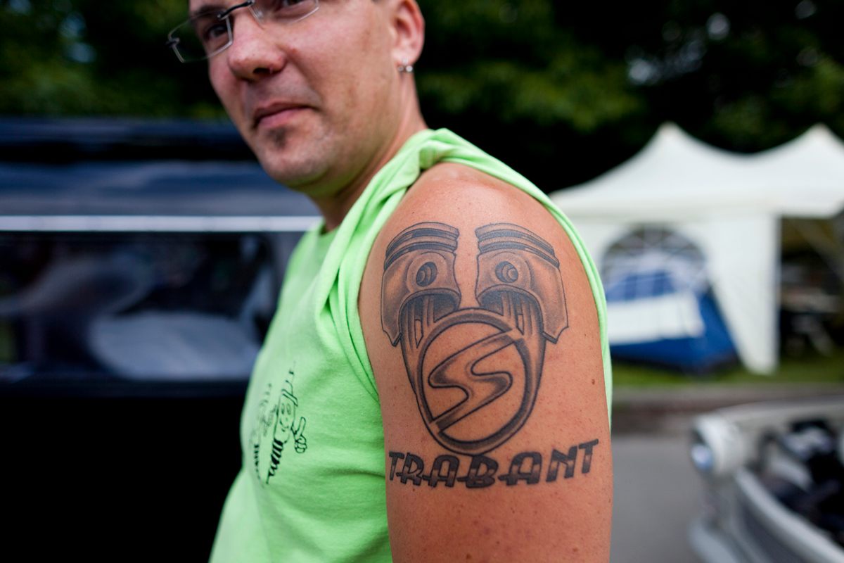 A Trabant devotee at the International Trabant Drivers' Meeting in Zwickau on June 25, 2011.