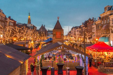 The floating Christmas market in Leiden, Netherlands.