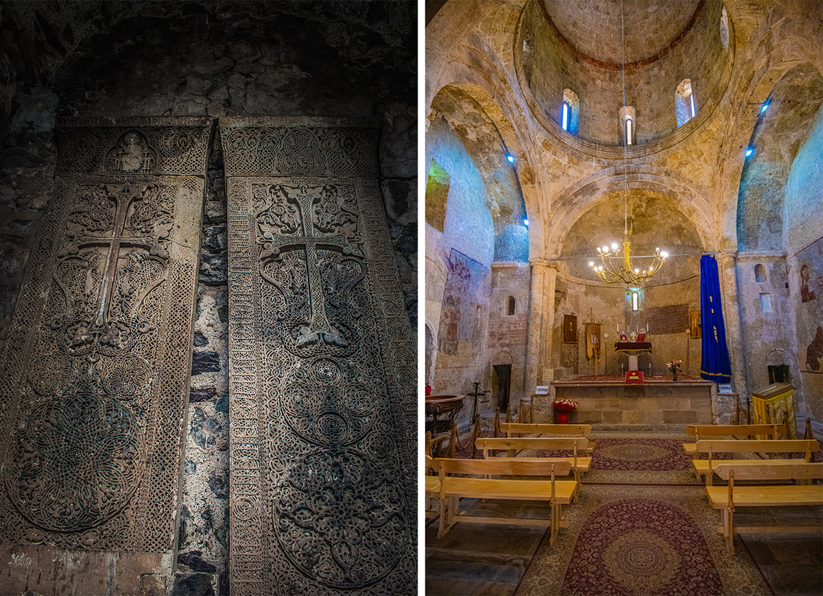 Cross monuments called <em>khatchars</em> (left) and an apse (right) at Dadivank Monastery.