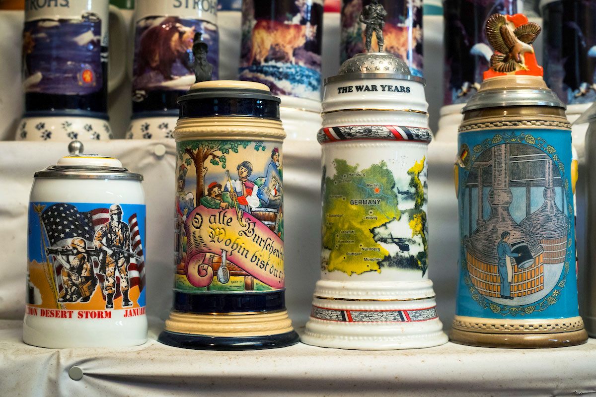 Four vessels at Steins Unlimited. The three on the right, which collector George Adams had made, show the historic development of steins and beer.