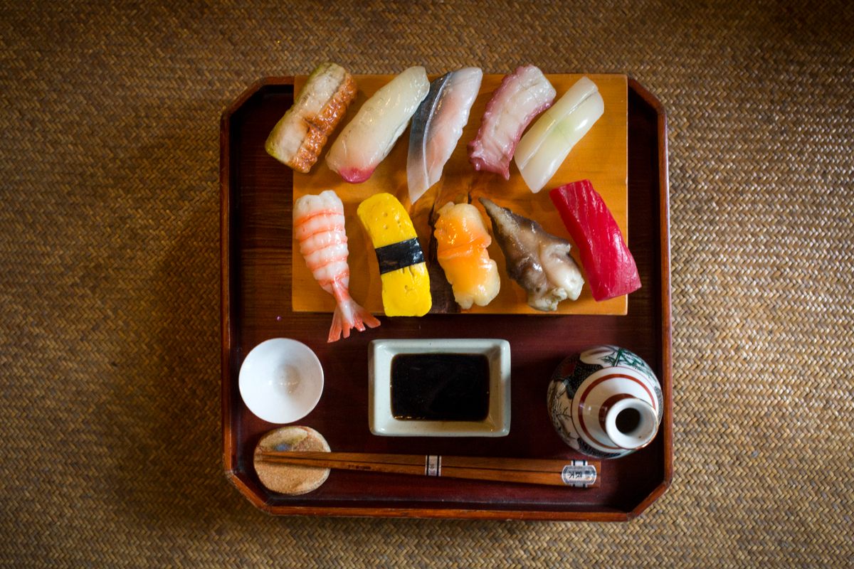 Artfully arranged faux nigiri.