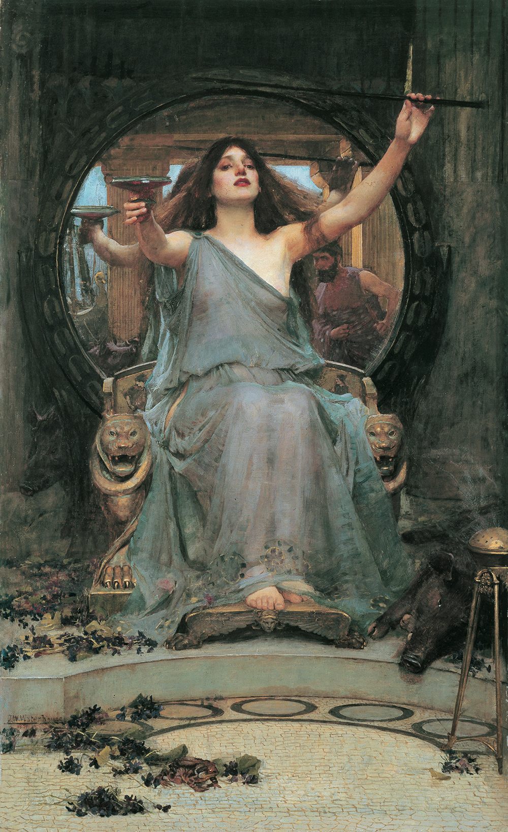 John William Waterhouse <em>Circe Offering the Cup to Odysseus</em>, 1891. Circe can use her wand to turn Odysseus’ men into animals.
