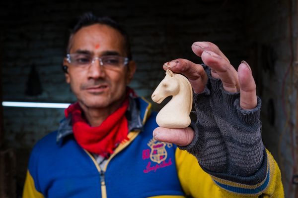 At India’s oldest and largest chess manufacturing company, master craftsman Surinder Pal holds the exclusive title of knight carver. Known as the most tedious chess piece to work on, they must be done entirely by hand. Today, knight carvers are well respected and increasingly hard to come by. 