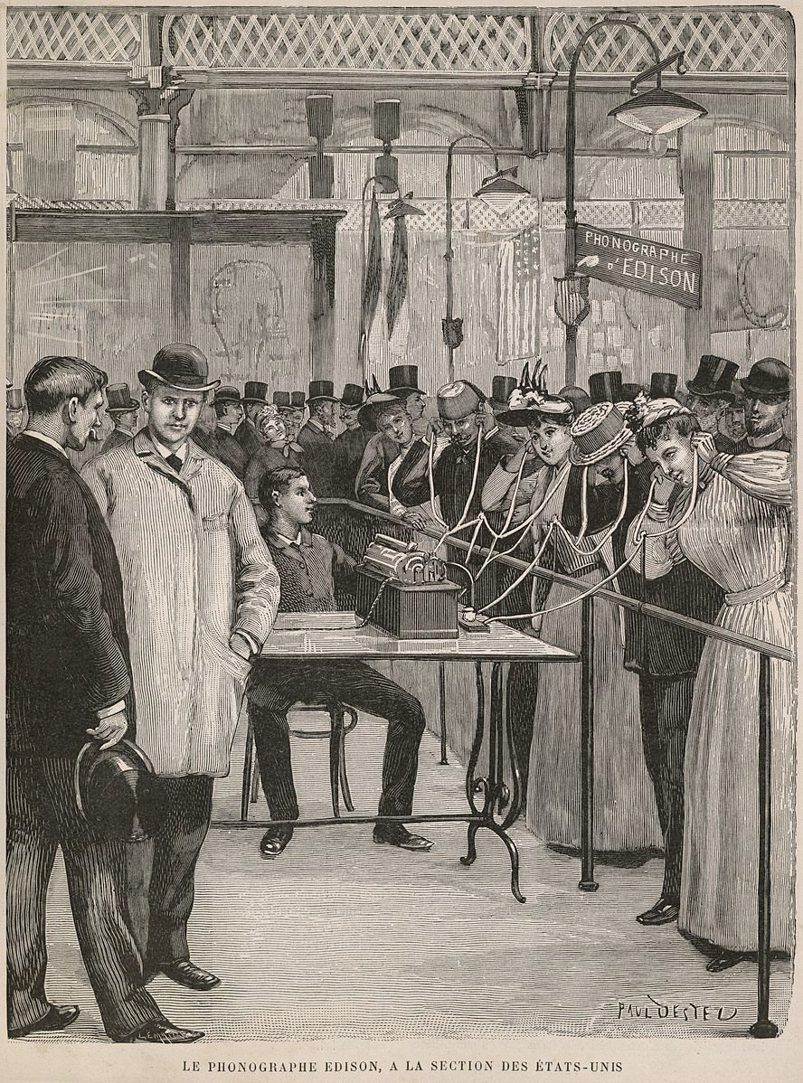One of Edison's phonograph demonstrations, illustrated by Paul Uestel.