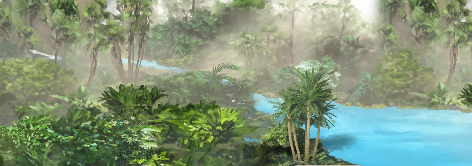 A bright blue river flows through a foggy jungle. The river is surrounded by lush green trees and plants.