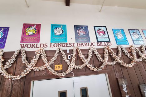 Gilroy Garlic Festival posters and paper boasting of the braid's 216 feet length.