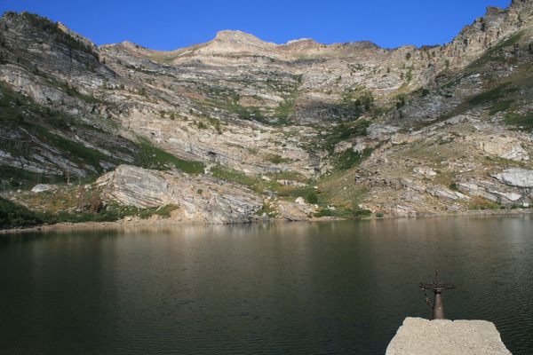 Looking straight west across Angel Lake. The outlet valve is at lower right.