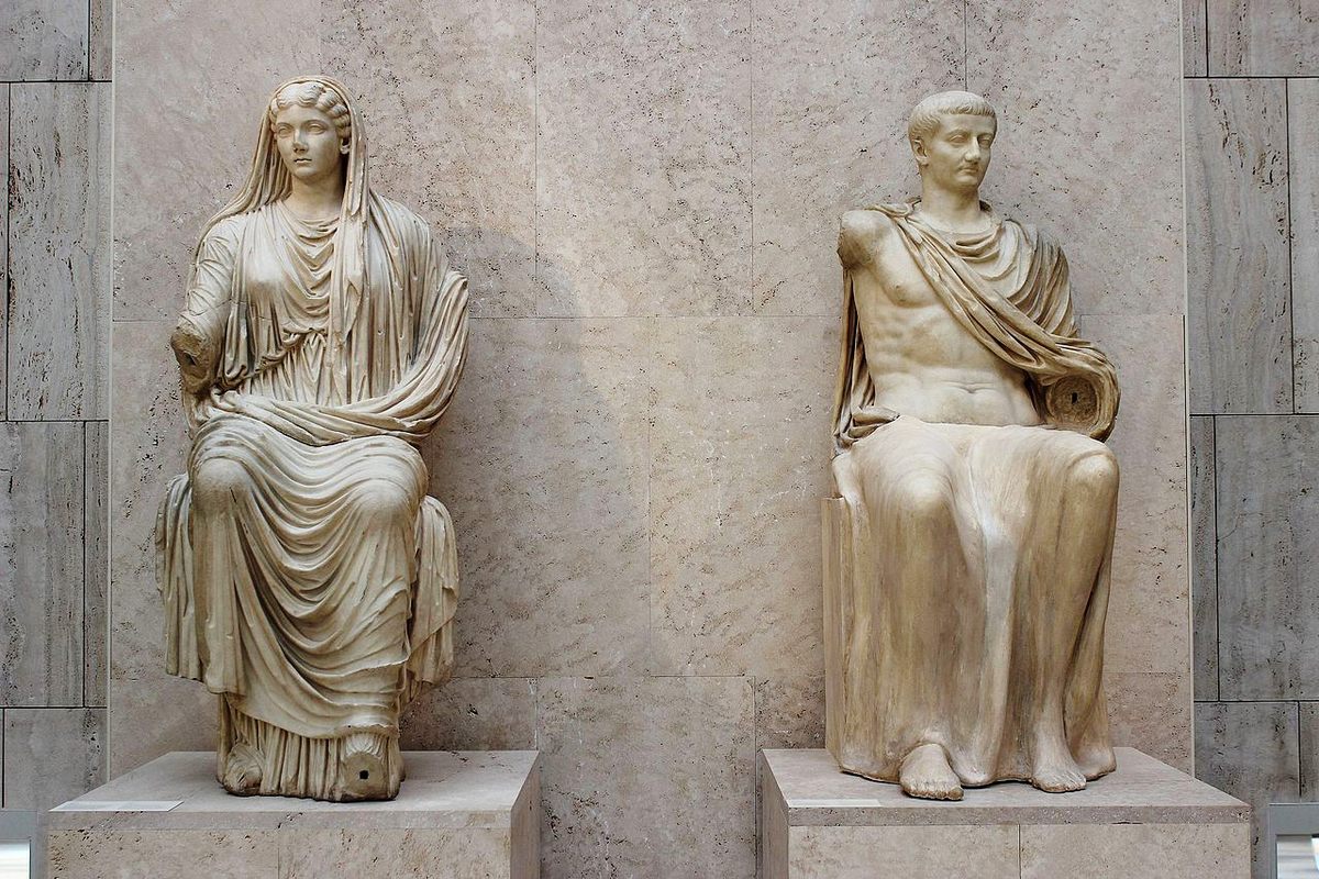 Roman emperor Tiberius (right) and his mother Livia (left) from the site of Paestum in Italy, now in the National Archaeological Museum of Spain in Madrid.