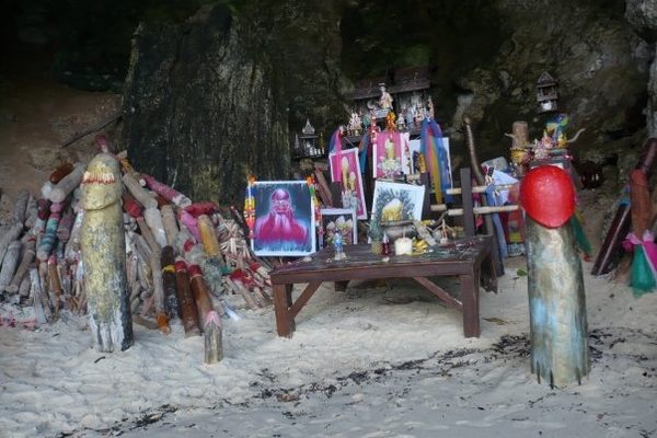 Local boatman leave phallic statues as an offering to Phra Nang, a princess goddess.
