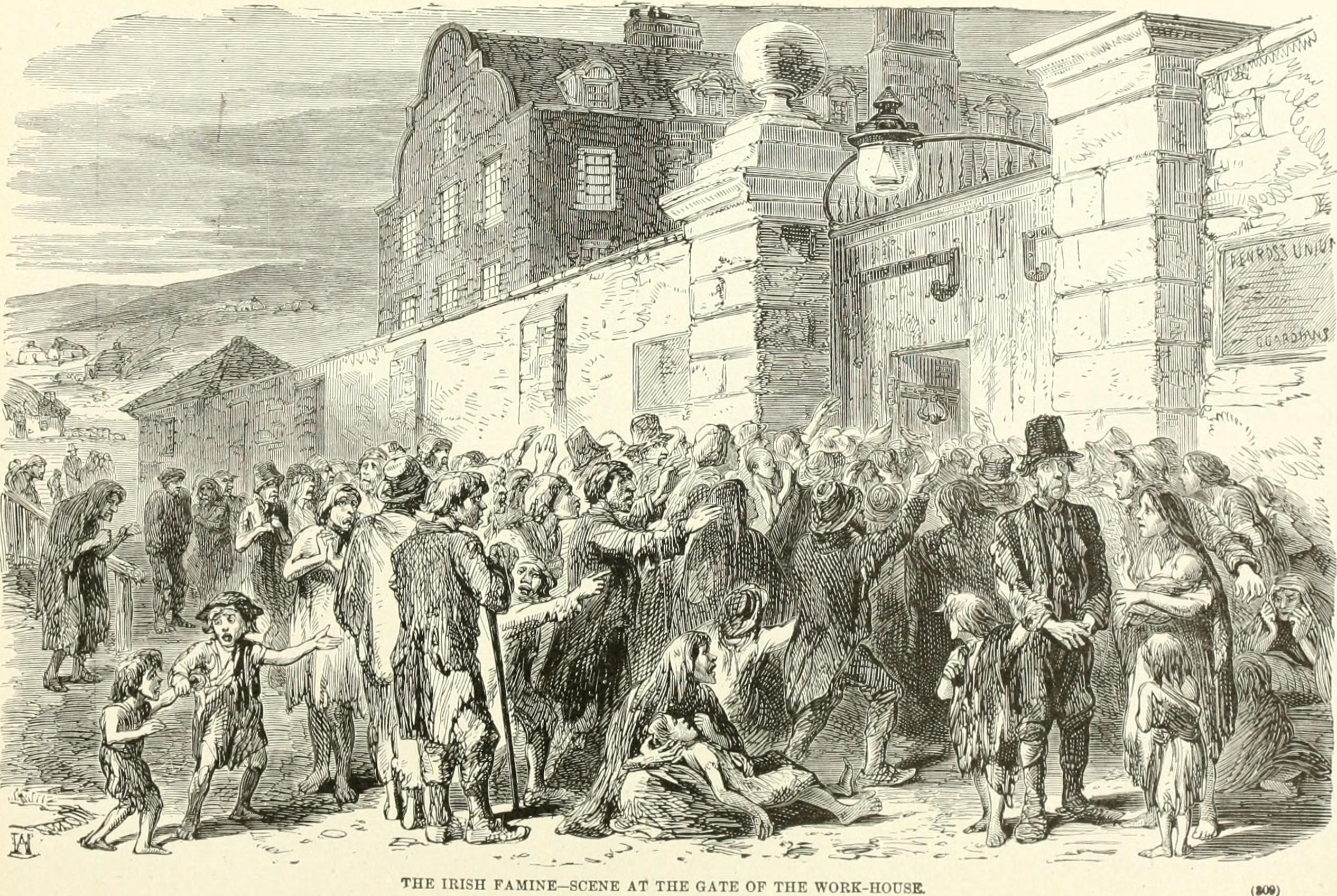 An early 20th-century illustration set in the mid-1840s shows starving Irish people at the doors of the work house.