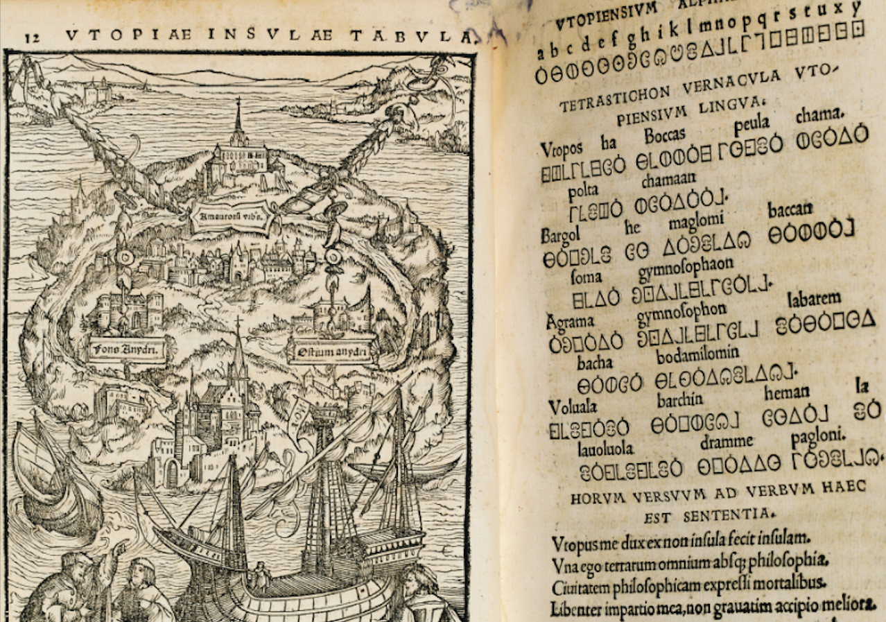 The inset map of Utopia, with the accompanying Utopian script (and Latin translation just below it).