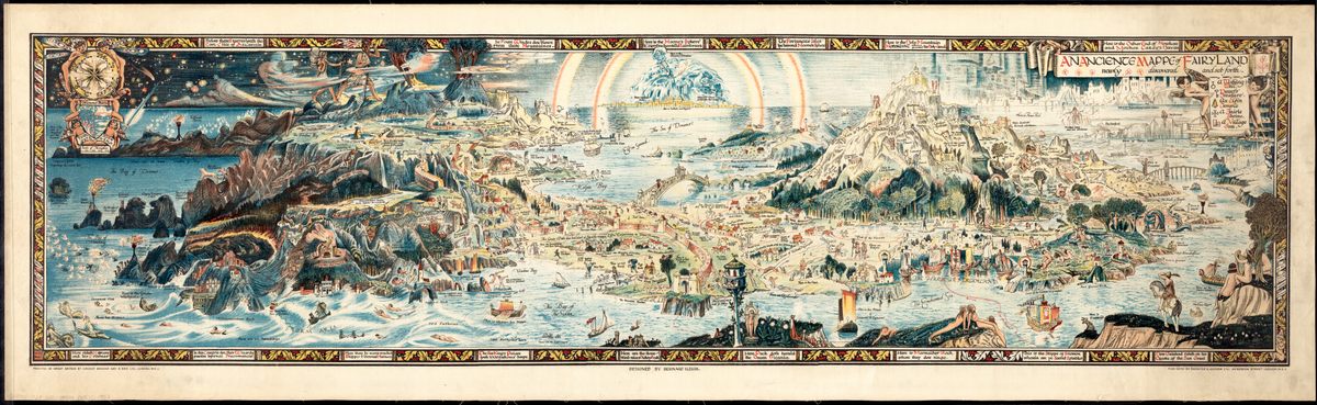 The six-foot-long map is densely packed with characters and scenes.