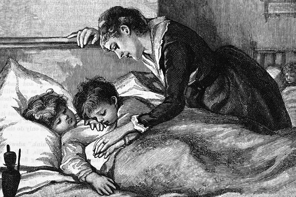 A mother tucking her children into bed, 19th century.
