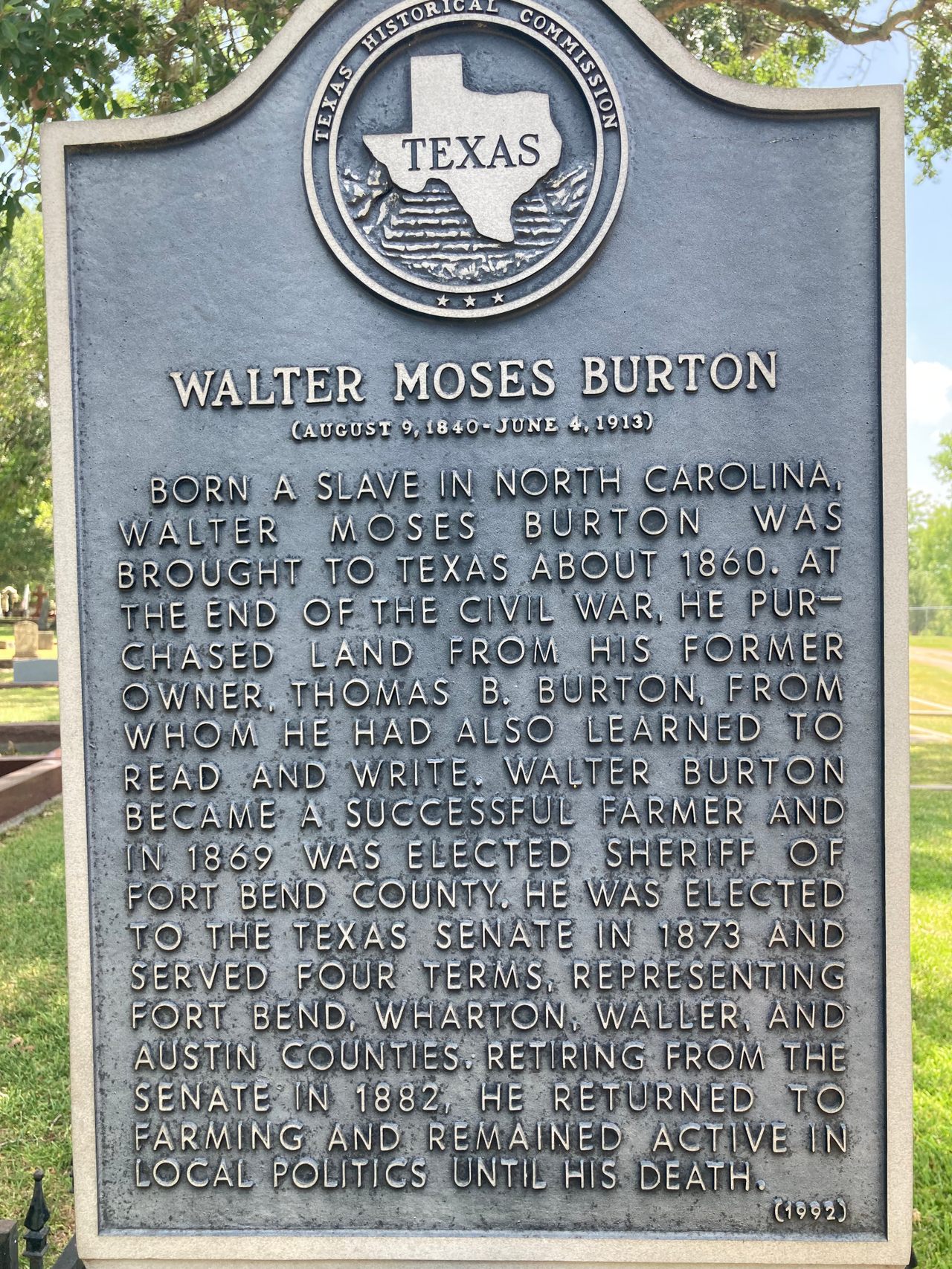 Walter Burton’s grave marker in Richmond, Texas honors his life. 